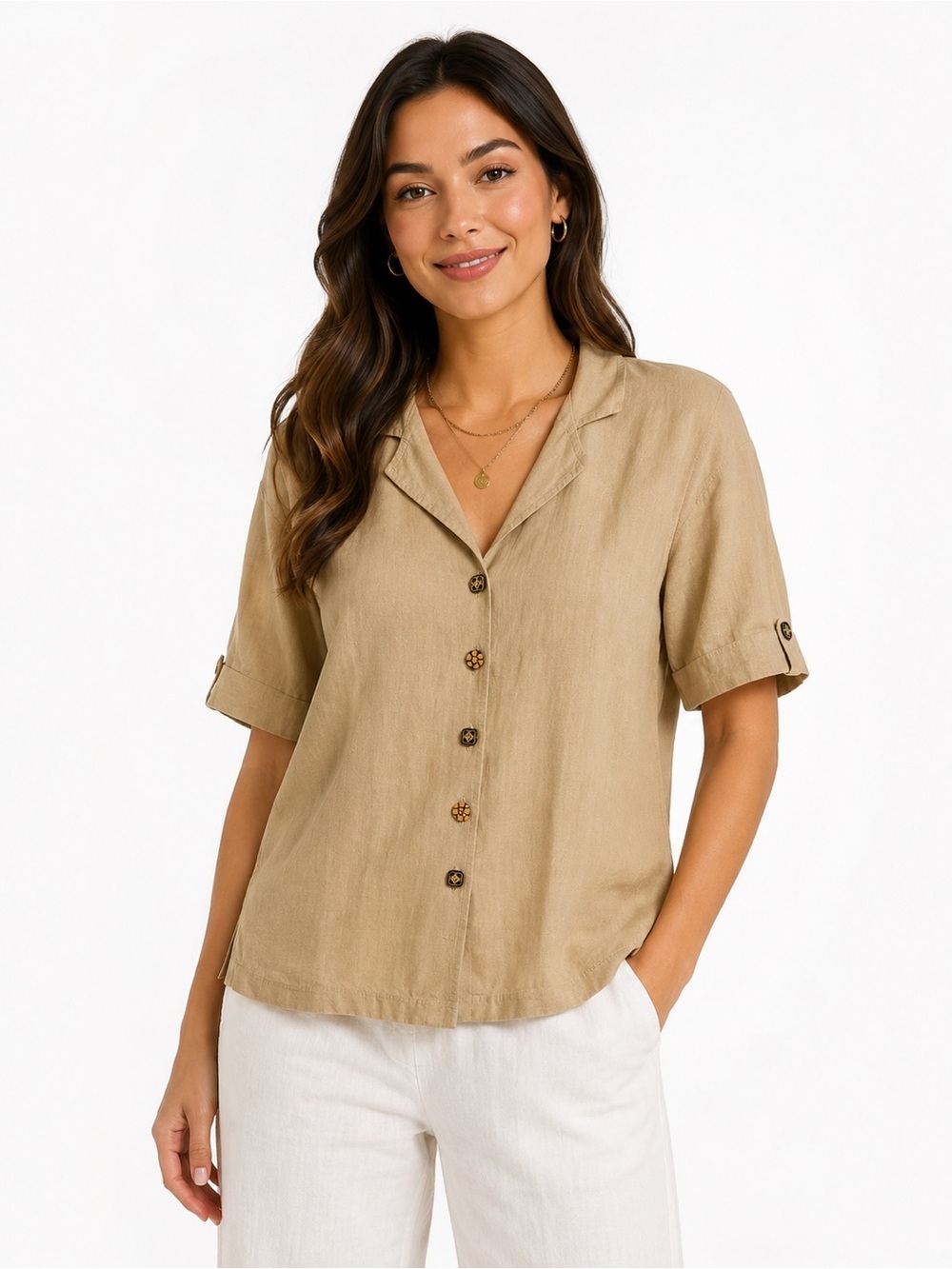 Relaxed Tan Button-Front Women's Top